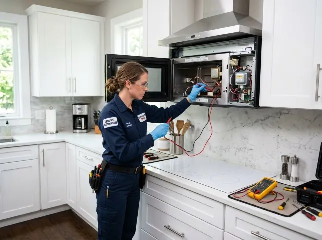 Appliance Repair Hero technician testing an over-the-range microwave in a Bishop, GA kitchen